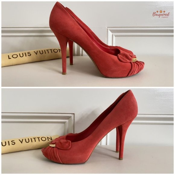 Authentic Louis Vuitton Red Suede Leather Peep Toe Pumps Shoes Sandals Size 39/9 - Picture 10 of 15